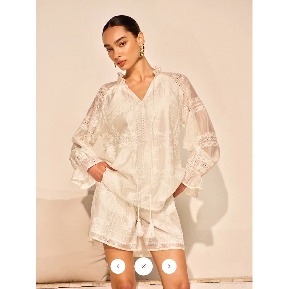 NWT Commense Embroidery Detail Long Sleeve Shorts Set Sz XS